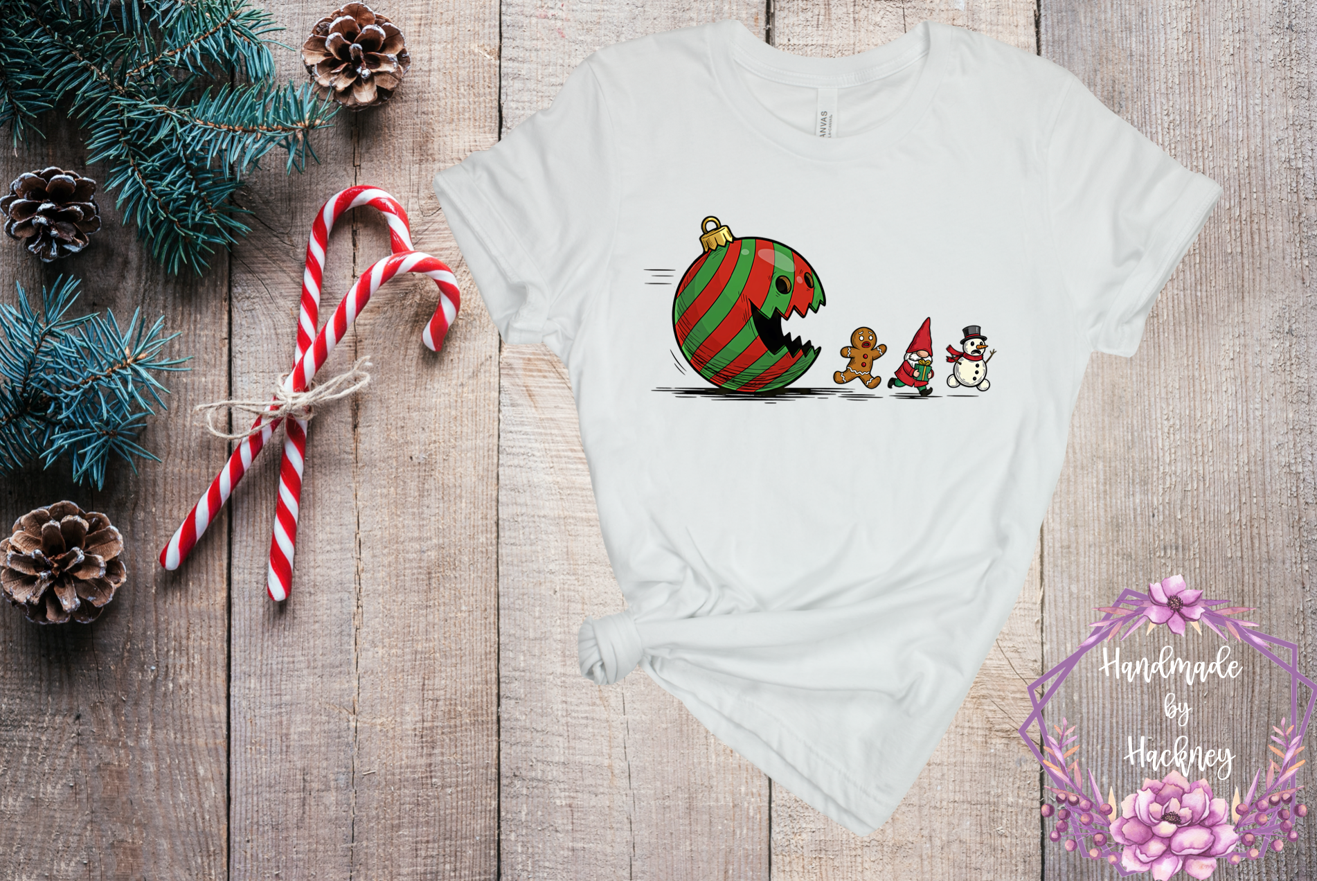 Ornament ball chasing gingerbread man, gnome, and snowman