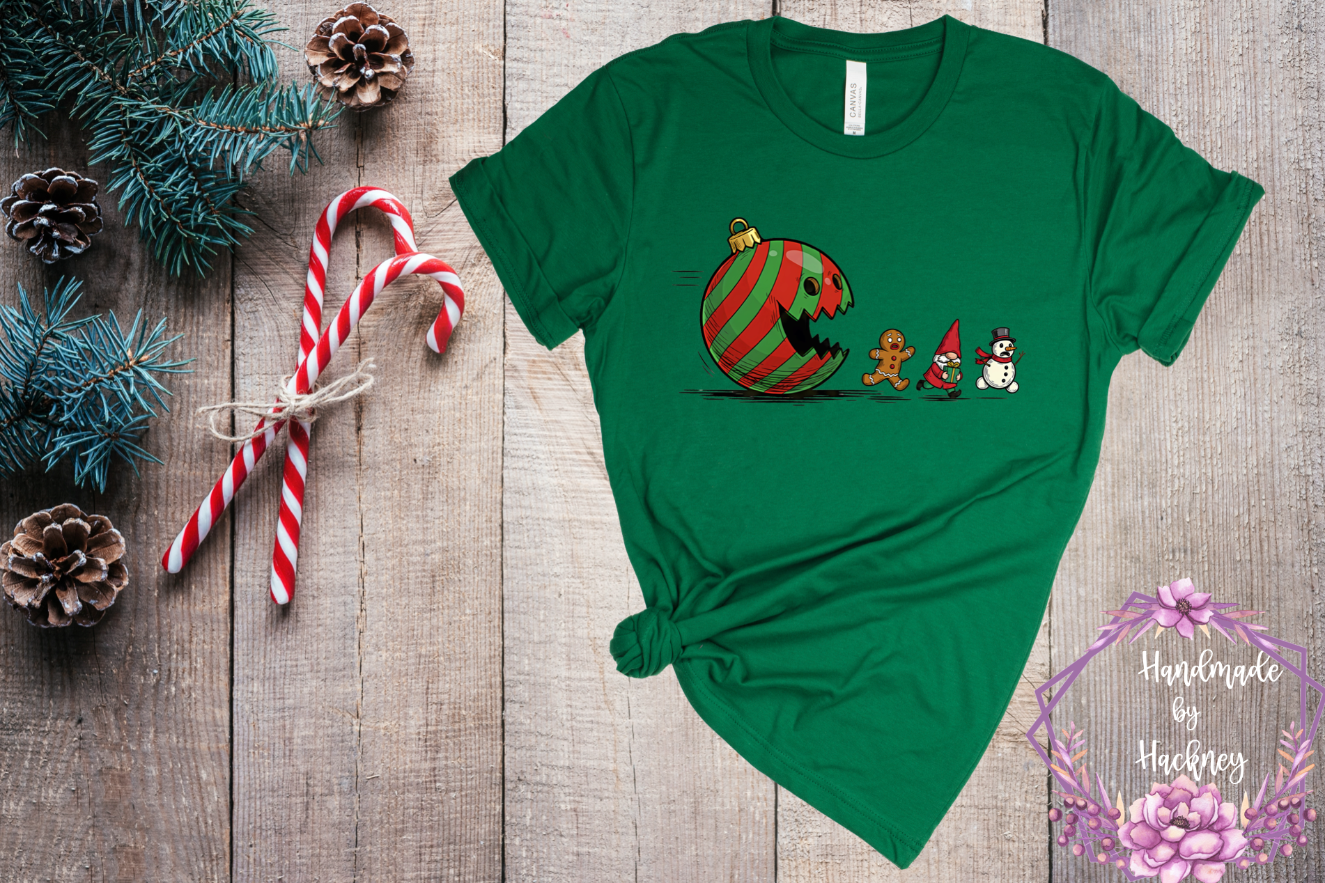 Ornament ball chasing gingerbread man, gnome, and snowman